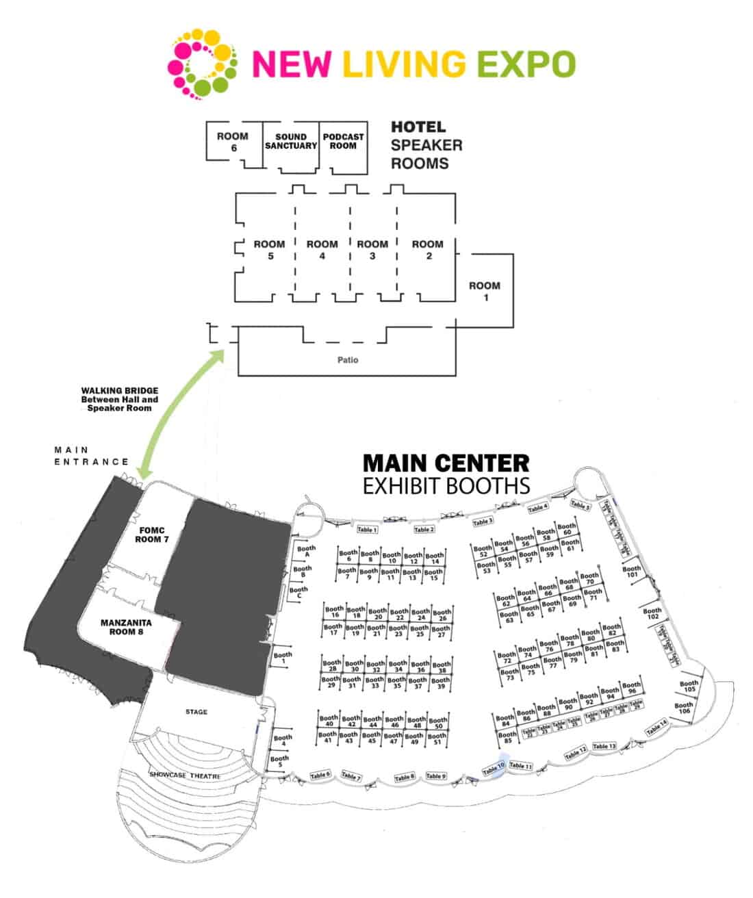 Explore the exhibitor layout at New Living Expo featuring top holistic health, wellness, and spiritual brands.
