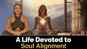 Meditating women with glowing heart and halo showcase soul connection and energy healing.
