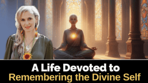 A spiritually focused woman meditating in a luminous, sacred temple with divine light emphasizing inner self.