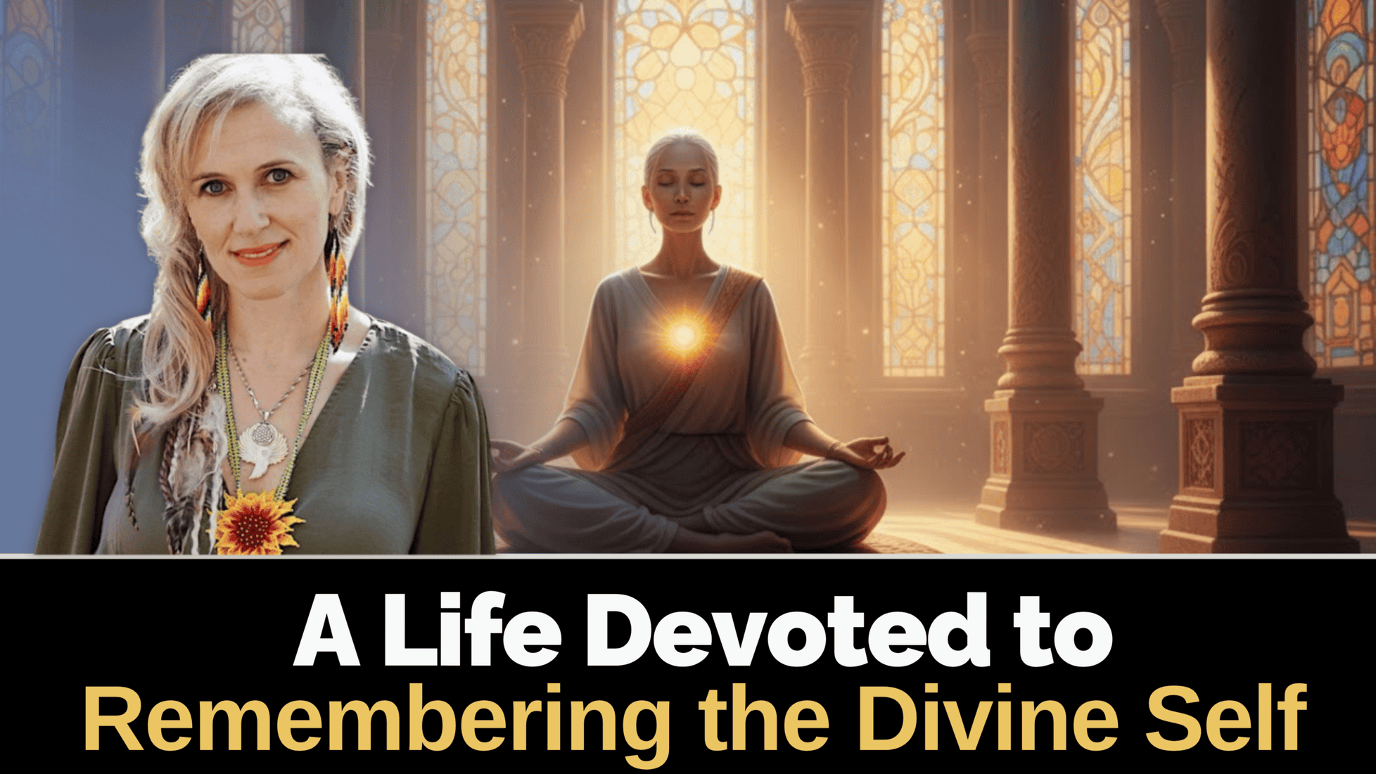 A spiritually focused woman meditating in a luminous, sacred temple with divine light emphasizing inner self.