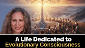 Meditating people with a luminous tree of life and city skyline background.