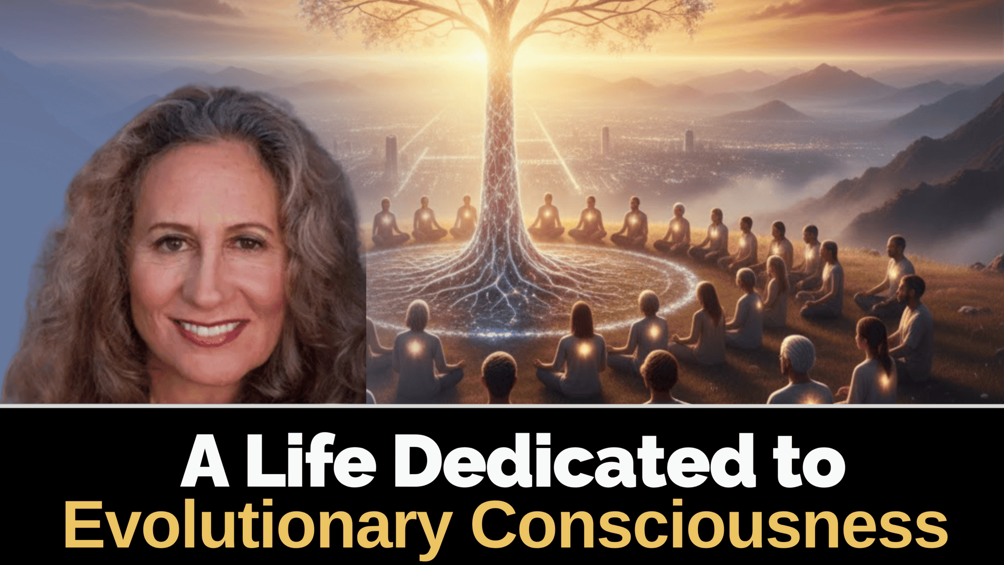 Meditating people with a luminous tree of life and city skyline background.