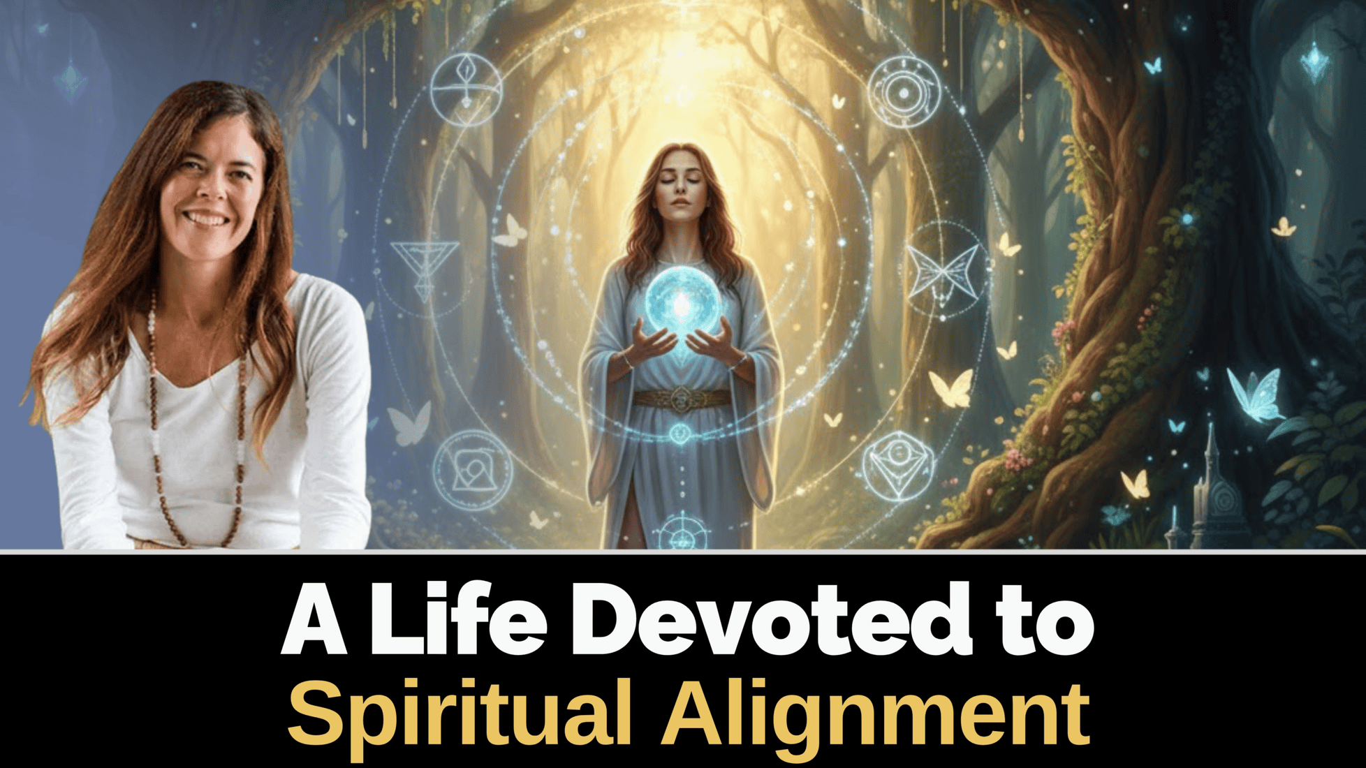 Spiritual event poster showcasing a woman in meditation surrounded by mystical symbols, promoting enlightenment and peace.