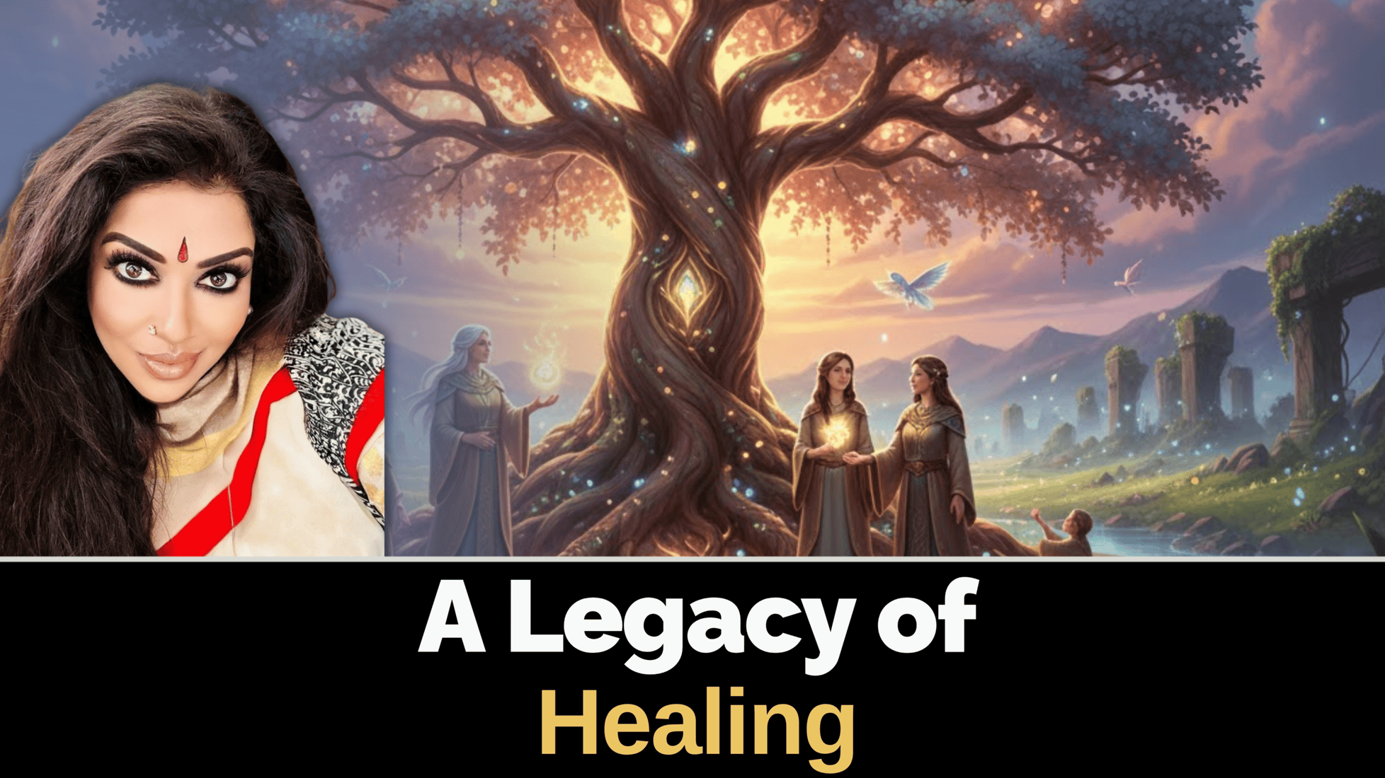 Vibrant fantasy scene with mystical tree, sages, and angels symbolizing healing energy and spiritual growth.