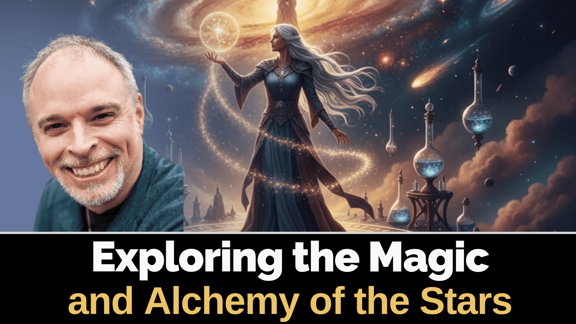 Astronomer and mystical woman exploring stars and cosmic alchemy at the New Living Expo.