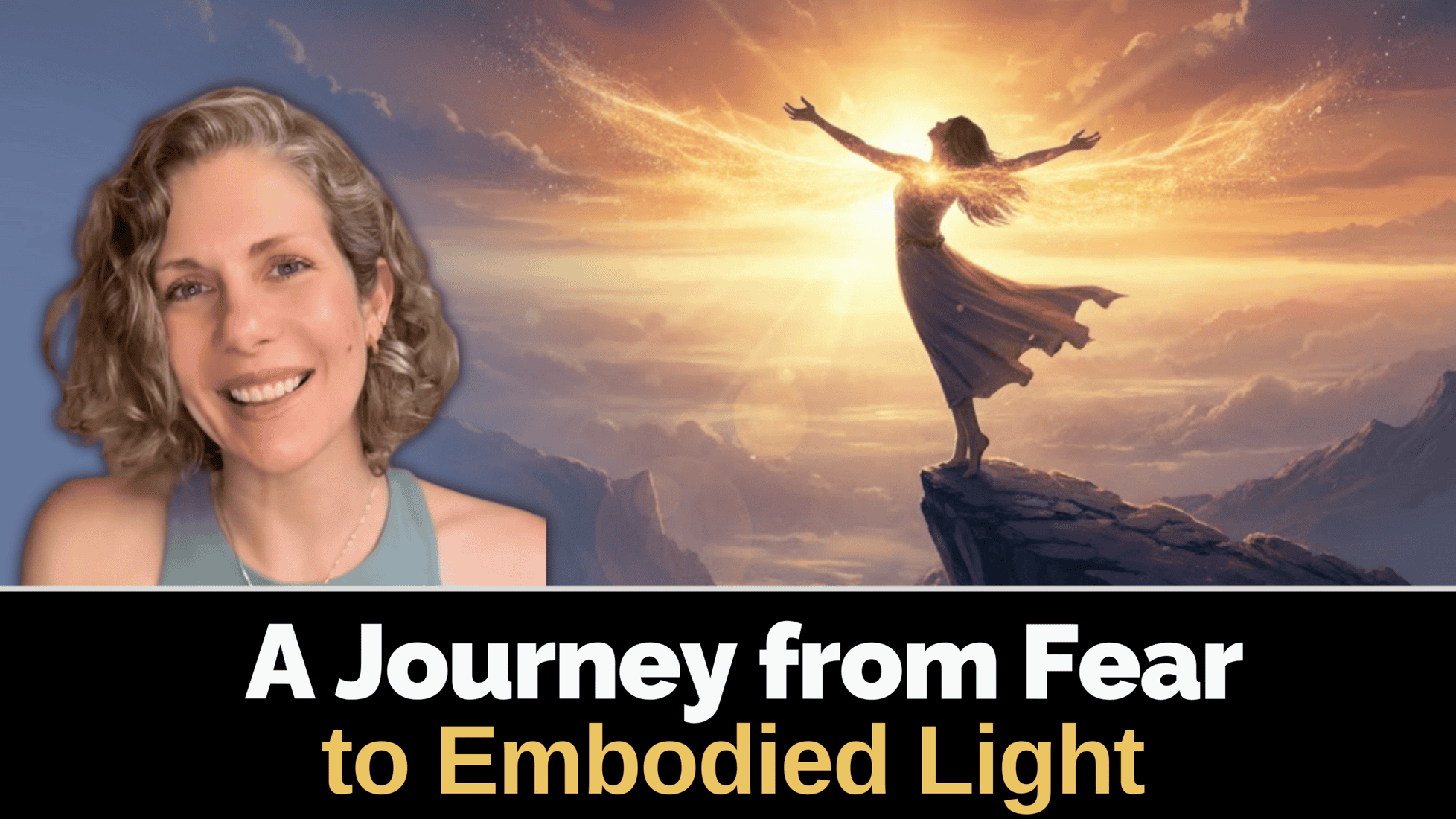 Optimistic woman smiling, vibrant sunset with woman embracing light, spiritual awakening, embodying enlightenment and inner peace.