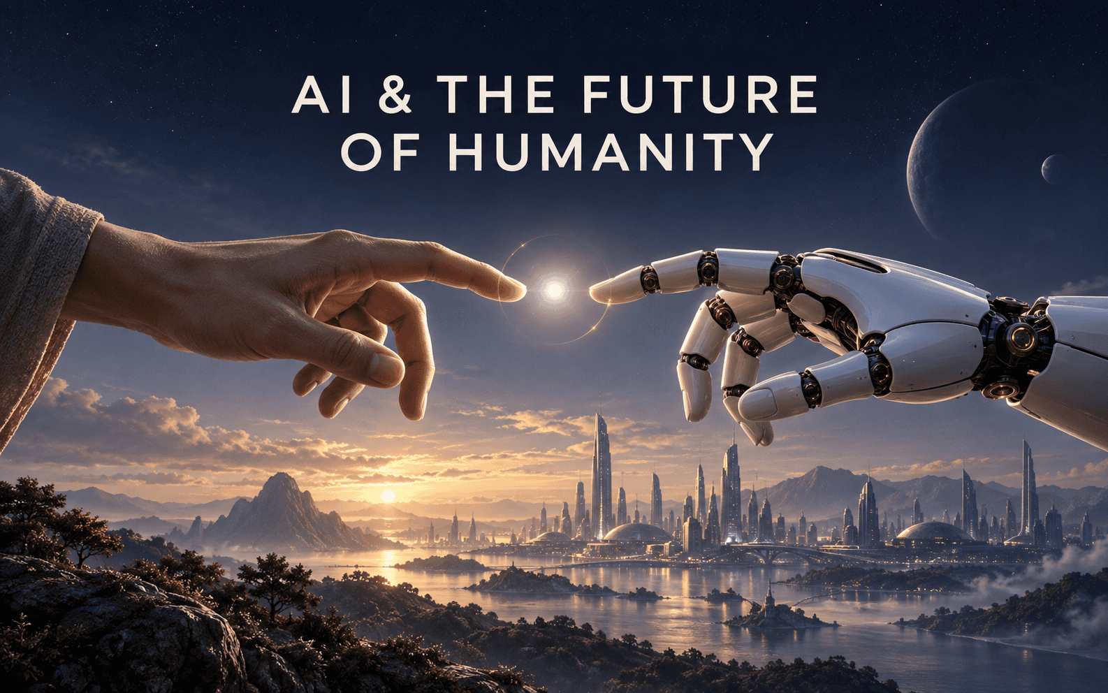 AI & The Future of Humanity — human and robotic hands reaching toward light