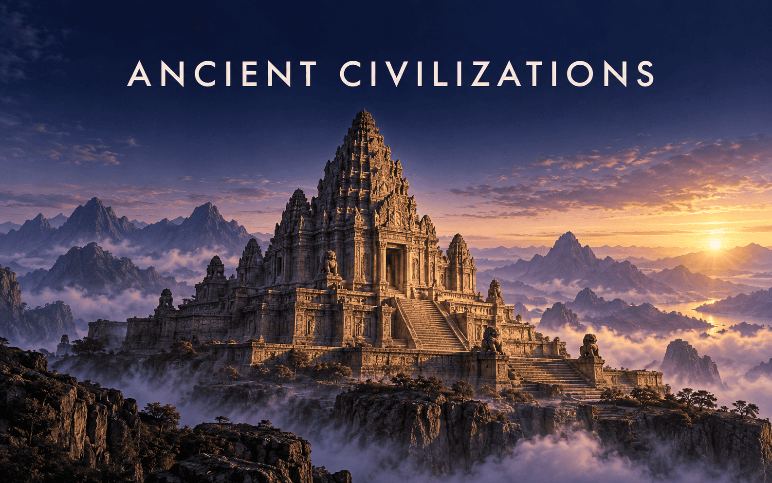 Ancient Civilizations — monumental temple above misty mountains at sunrise