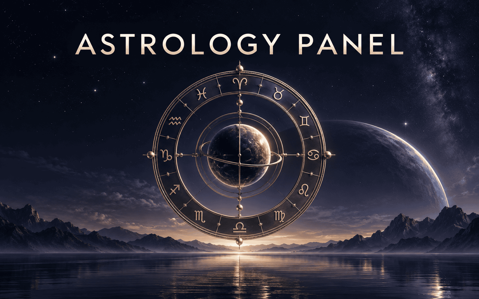 Astrology Panel — golden zodiac ring over a calm celestial horizon