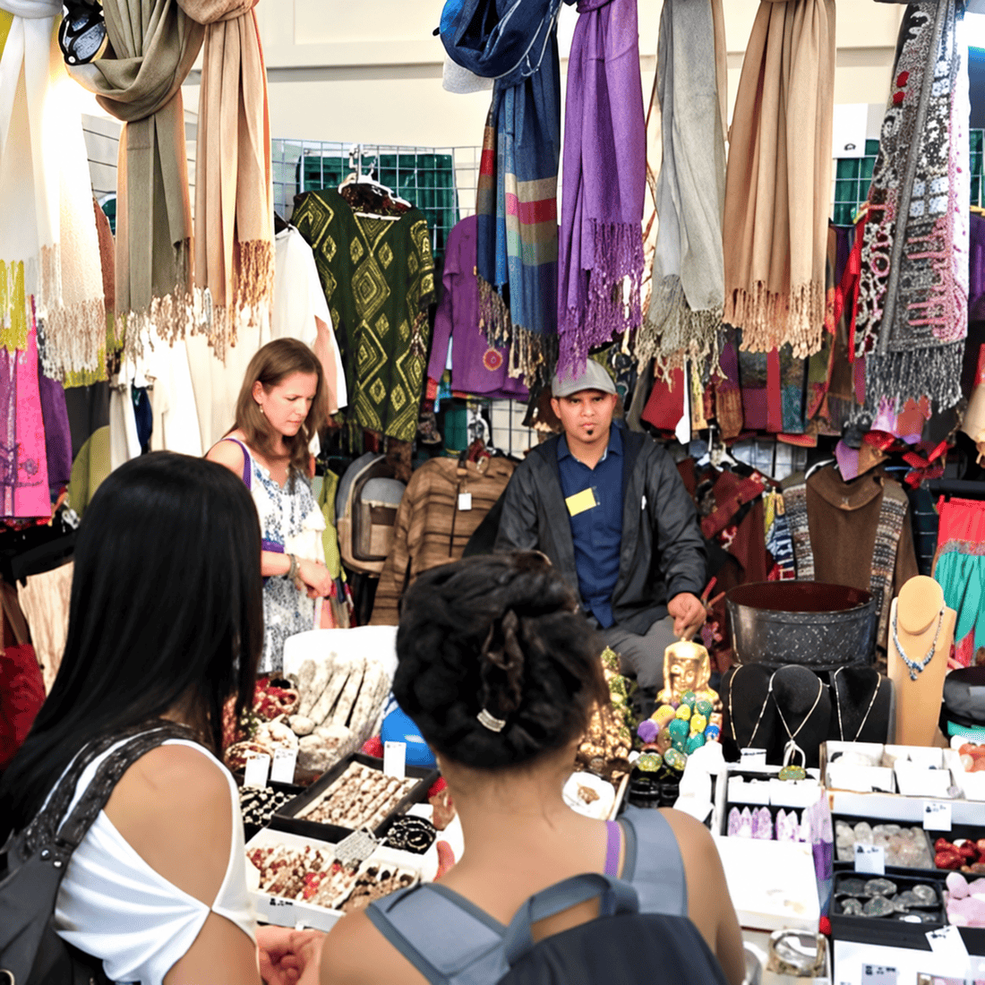 Visitors and an exhibitor gathered around a marketplace booth at New Living Expo