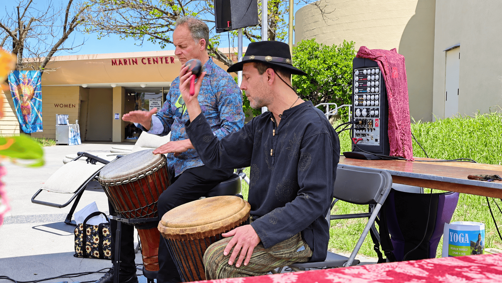 Outdoor drummers performing at the Marin Center during a past Expo
