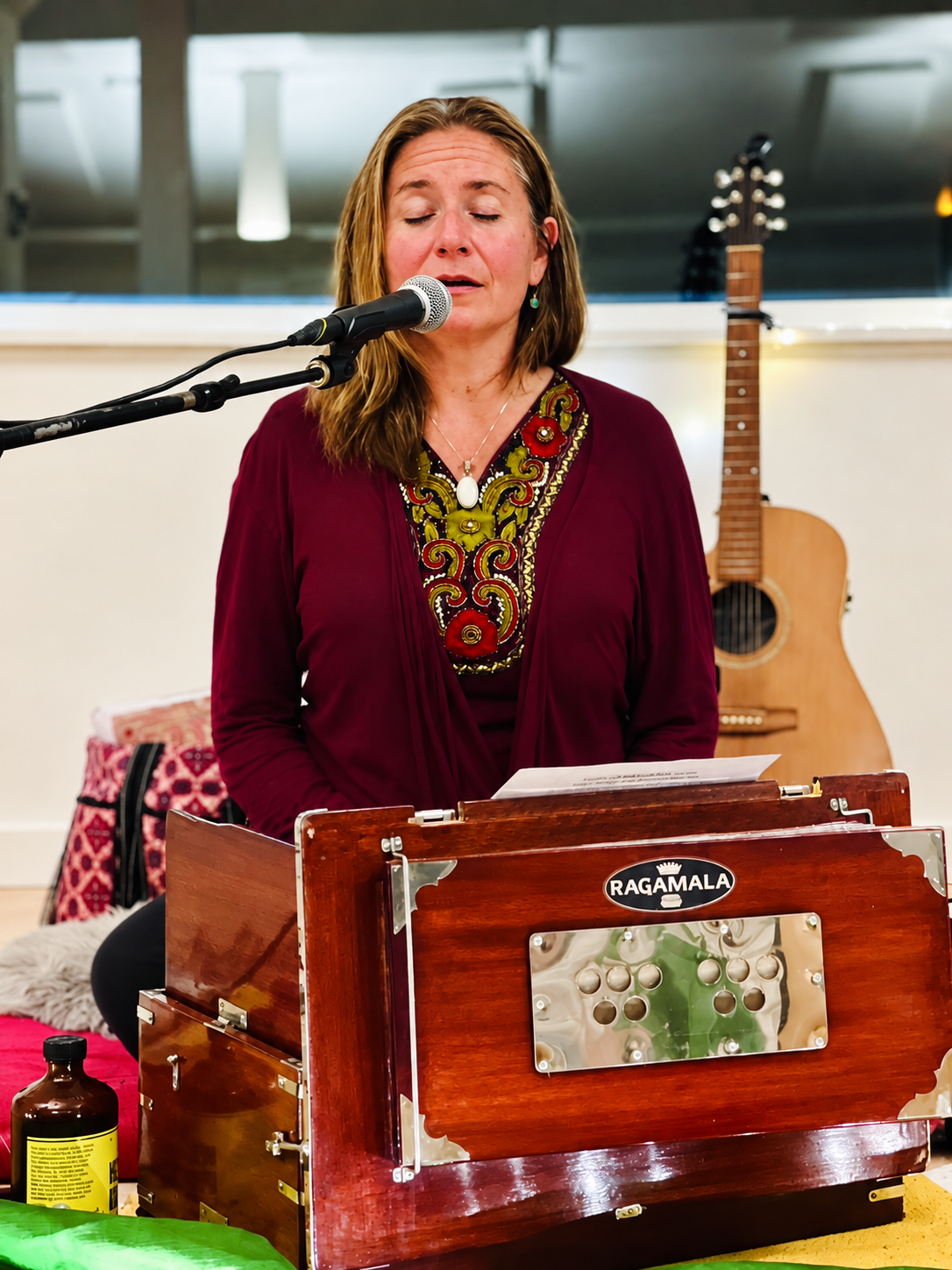 A singer performing with a harmonium at a past New Living Expo