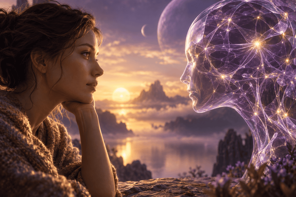 A human profile facing a conceptual network of golden lights