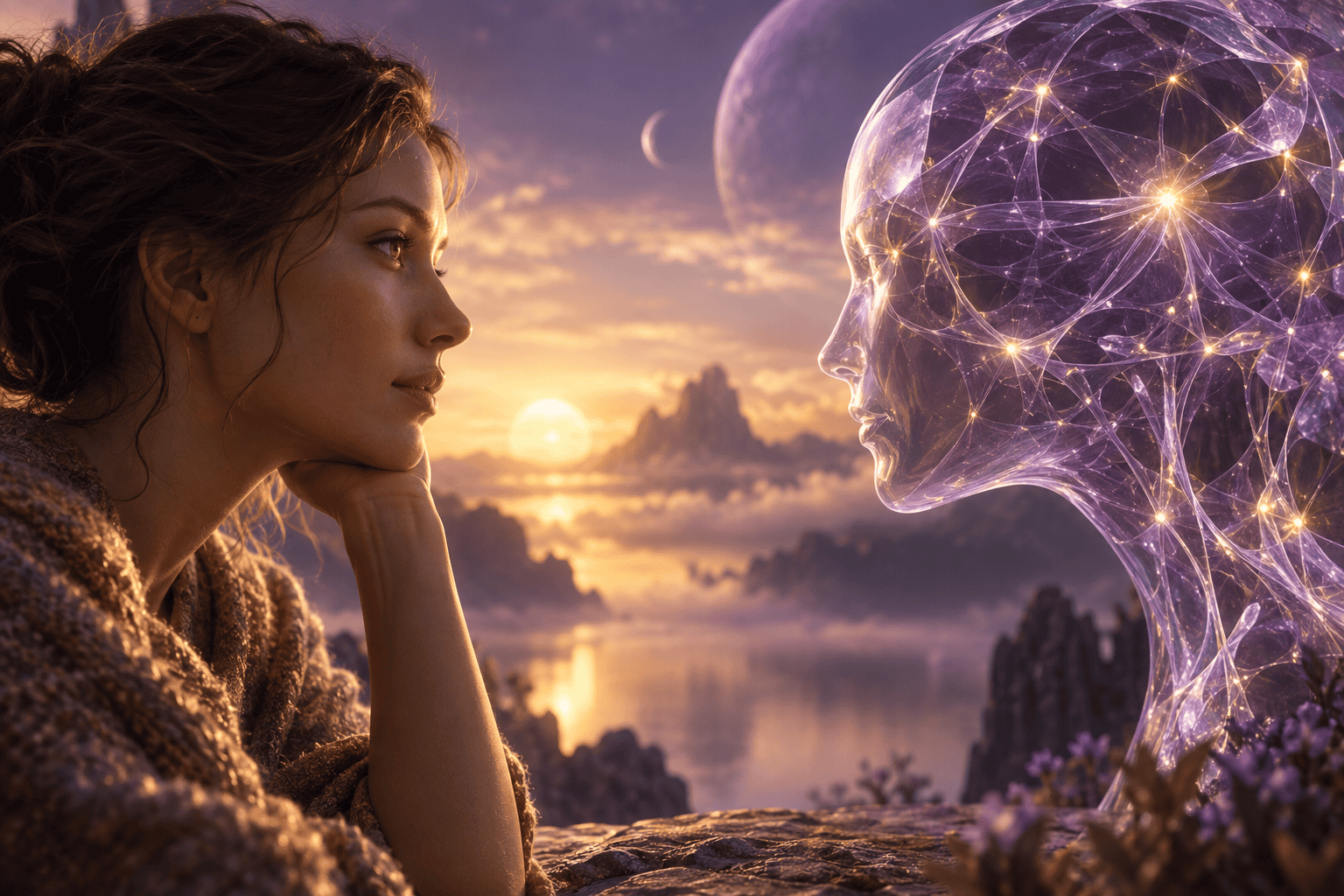 A human profile facing a conceptual network of golden lights