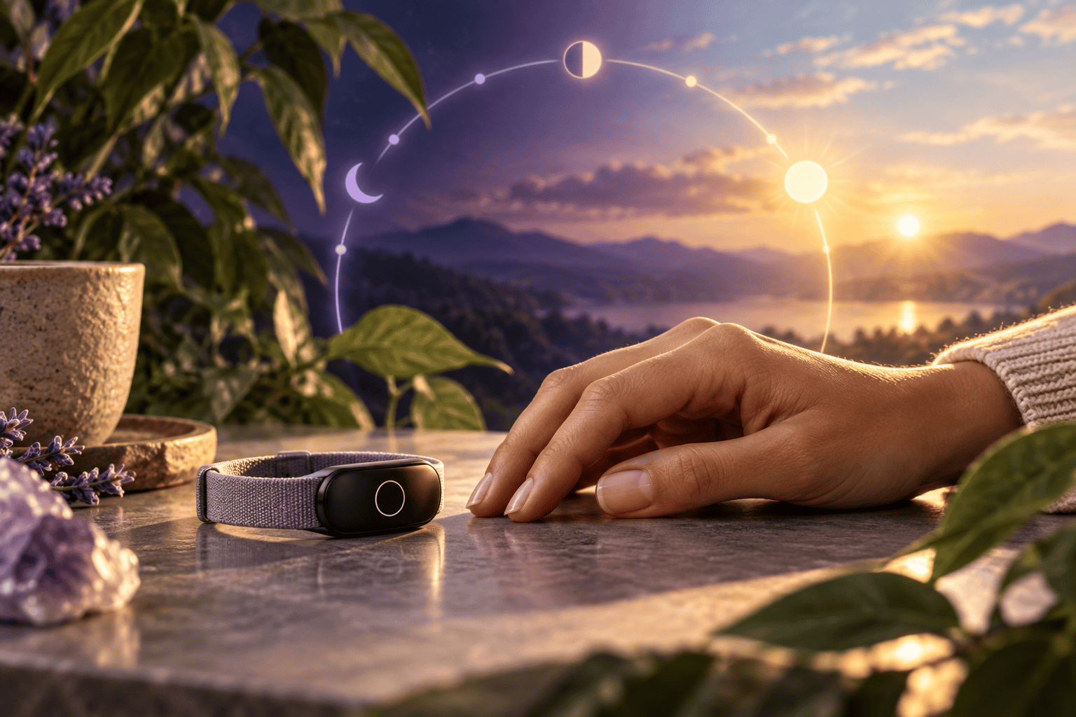 A wearable sensor beside a hand, plants, and a golden sunrise