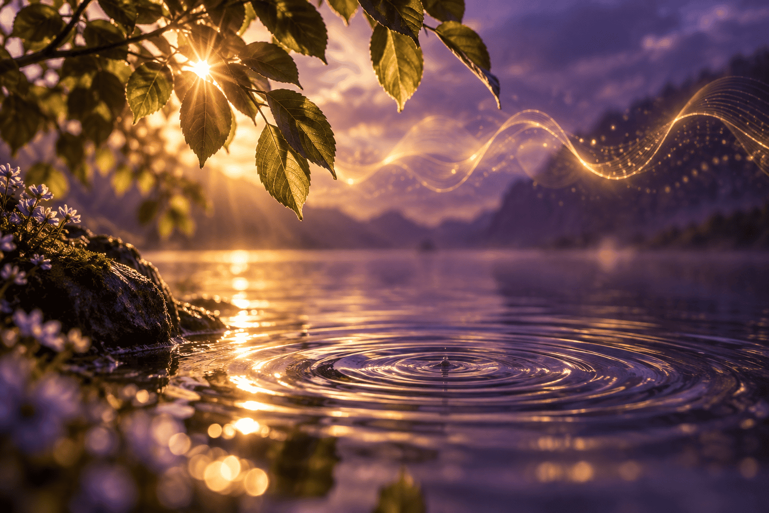 Sunlight, leaves, and ripples with an illustrative golden wave