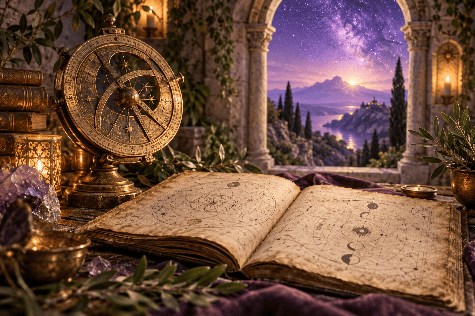 An antique manuscript and brass astrolabe beneath a starry sky