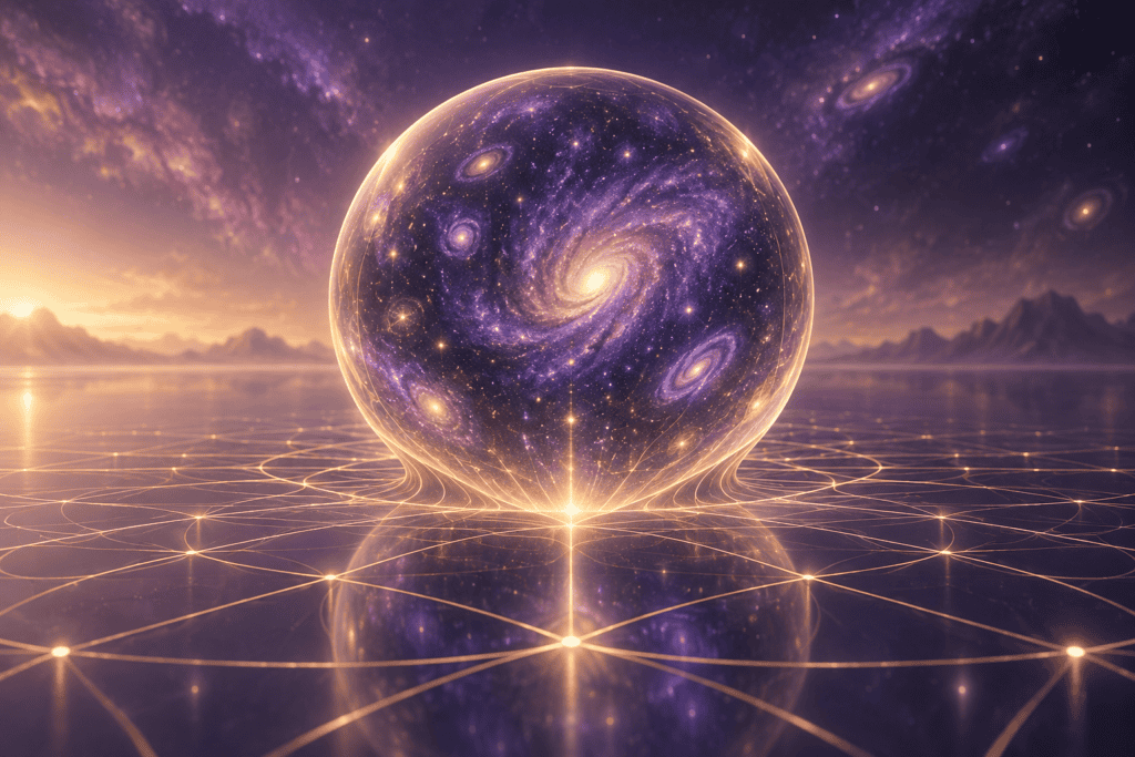 A conceptual cosmos represented above a luminous boundary grid