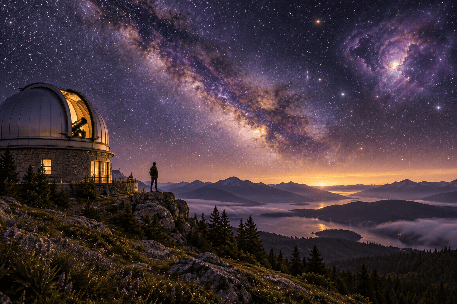 An observatory beneath the Milky Way at twilight