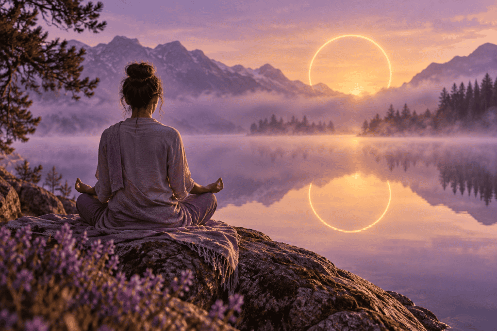 A person meditating beside a still lake at sunrise