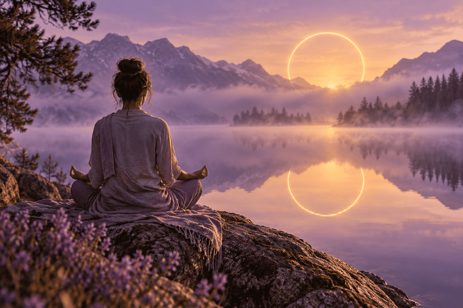 A person meditating beside a still lake at sunrise