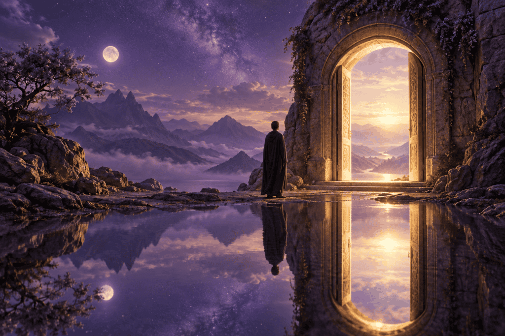 A person approaching a luminous stone doorway beside water