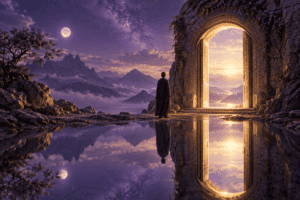 A person approaching a luminous stone doorway beside water