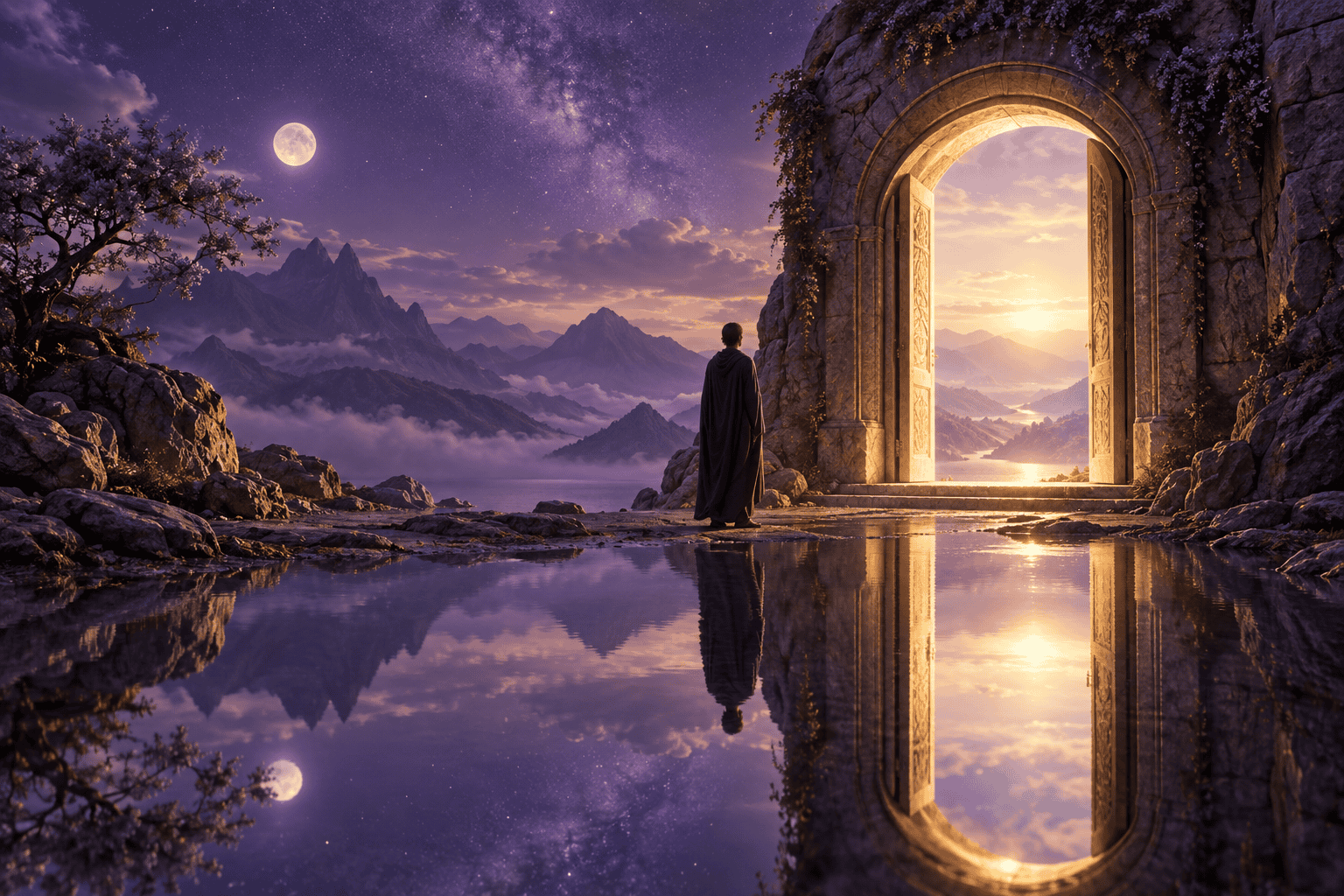 A person approaching a luminous stone doorway beside water