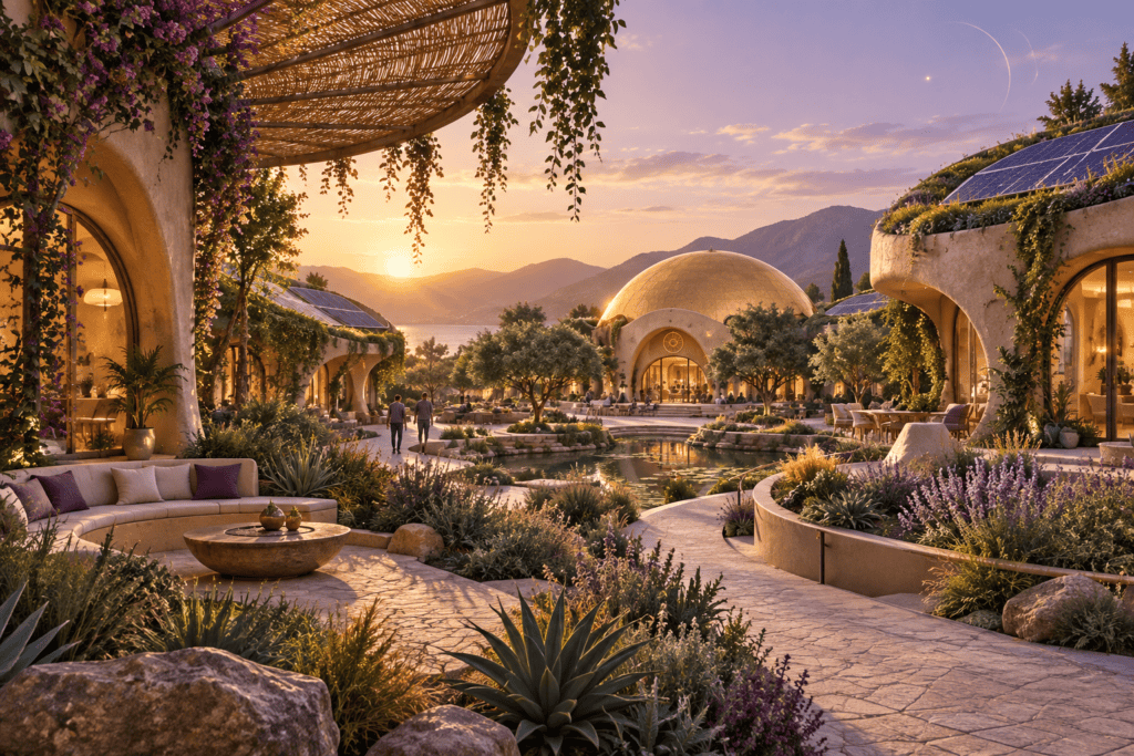 An earthen courtyard with gardens, shade, and curved architecture