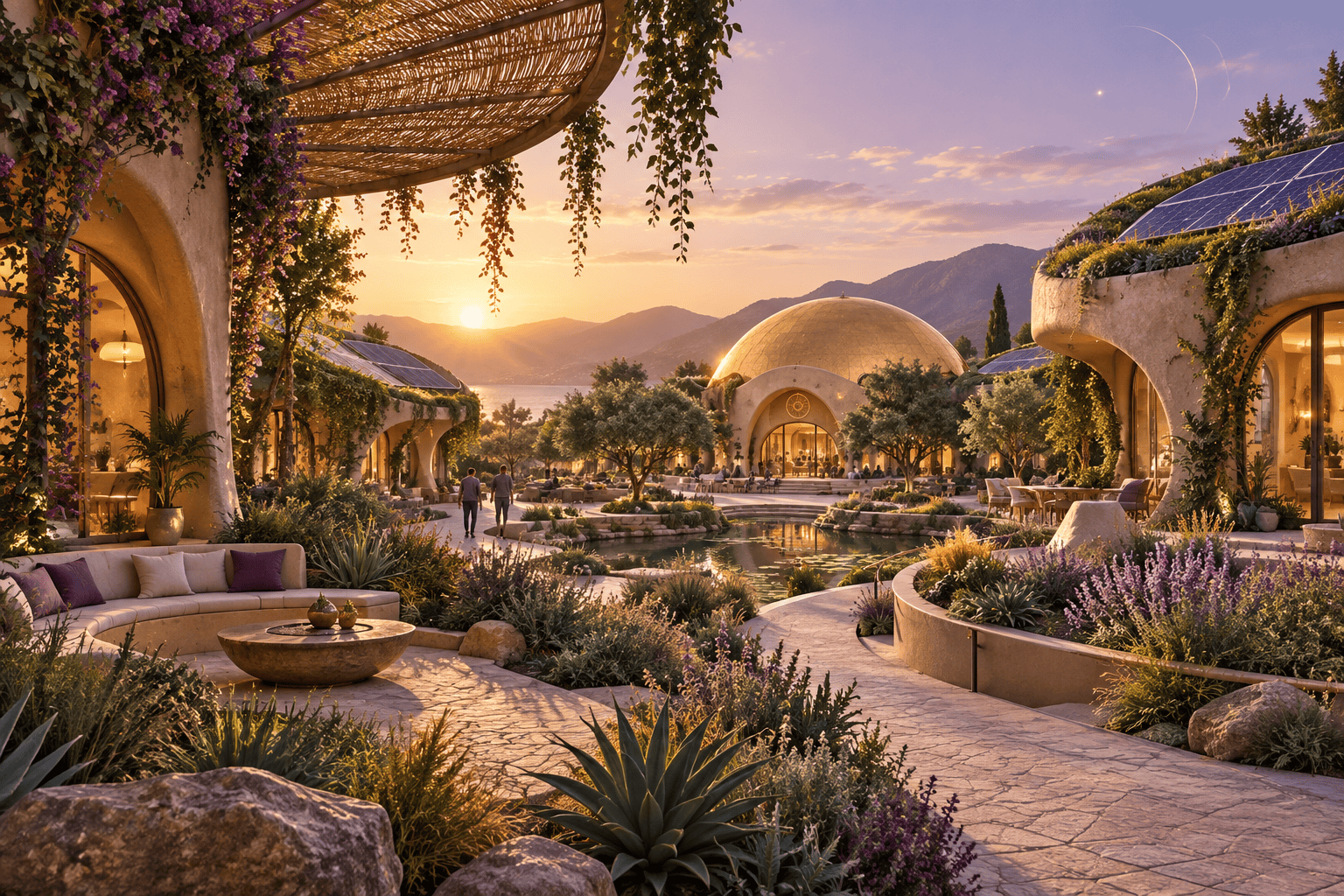 An earthen courtyard with gardens, shade, and curved architecture