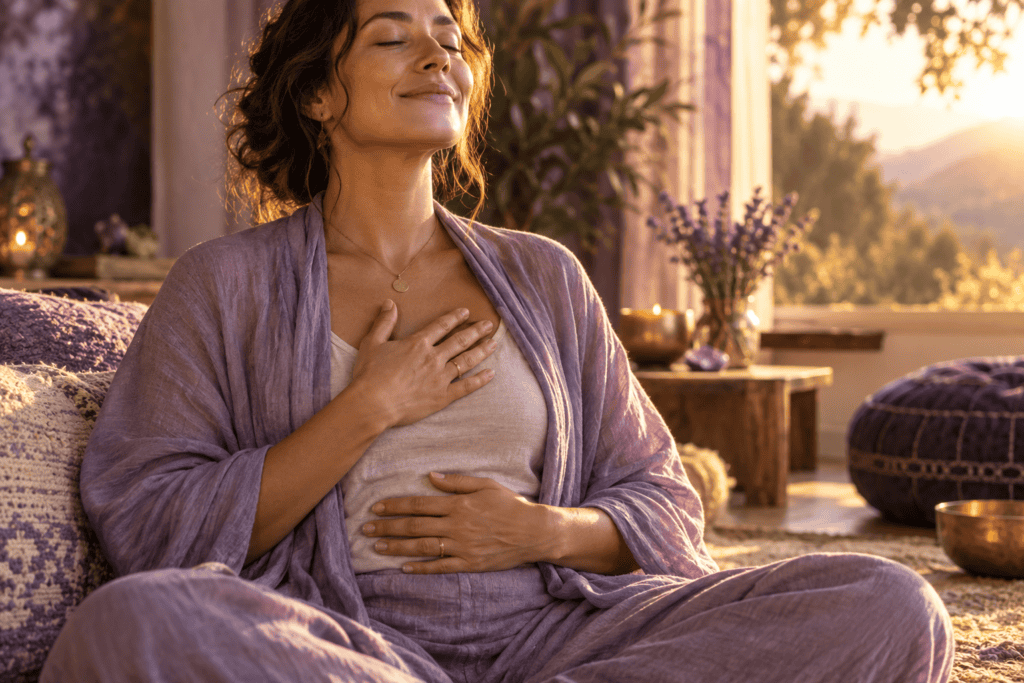 A seated person gently attending to bodily sensation