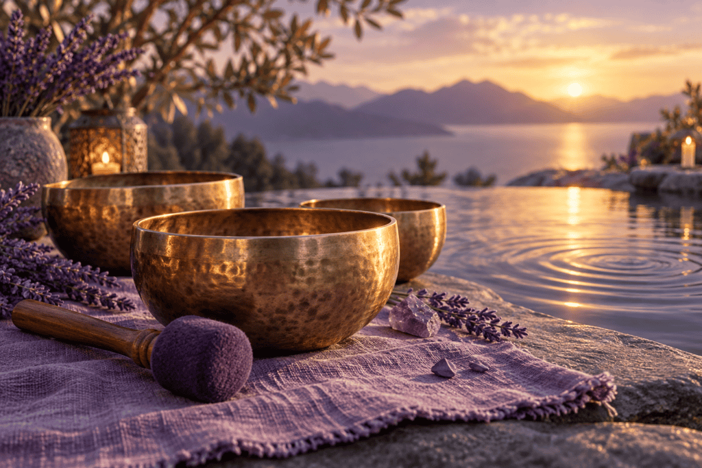 Bronze singing bowls beside water and soft lavender fabric
