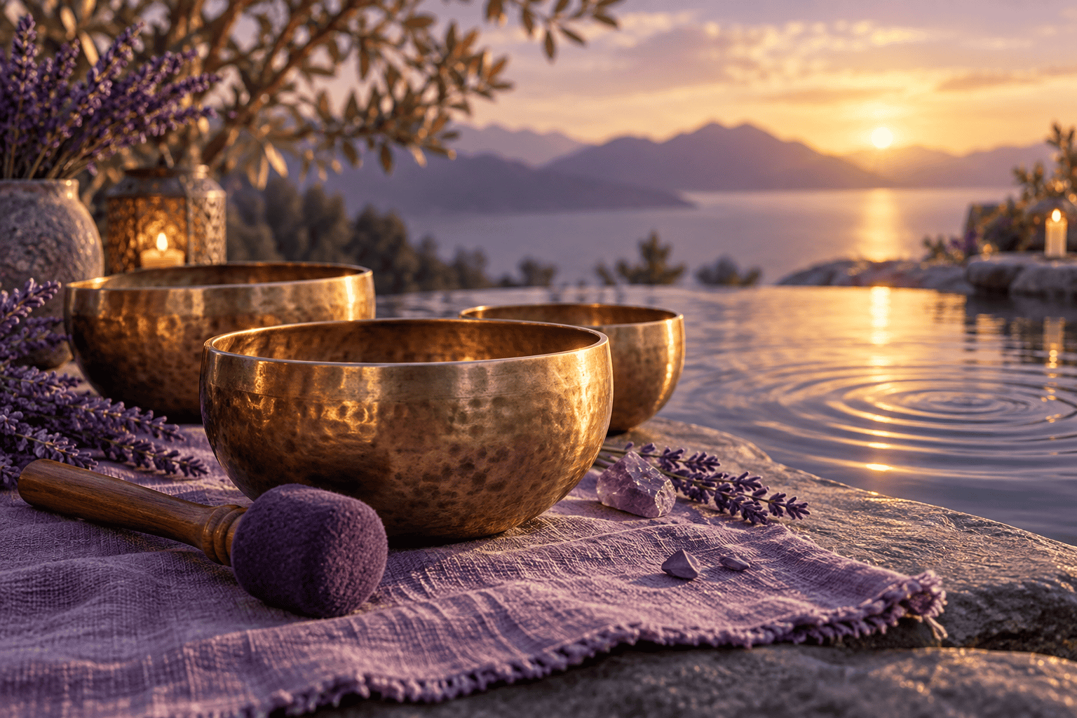 Bronze singing bowls beside water and soft lavender fabric