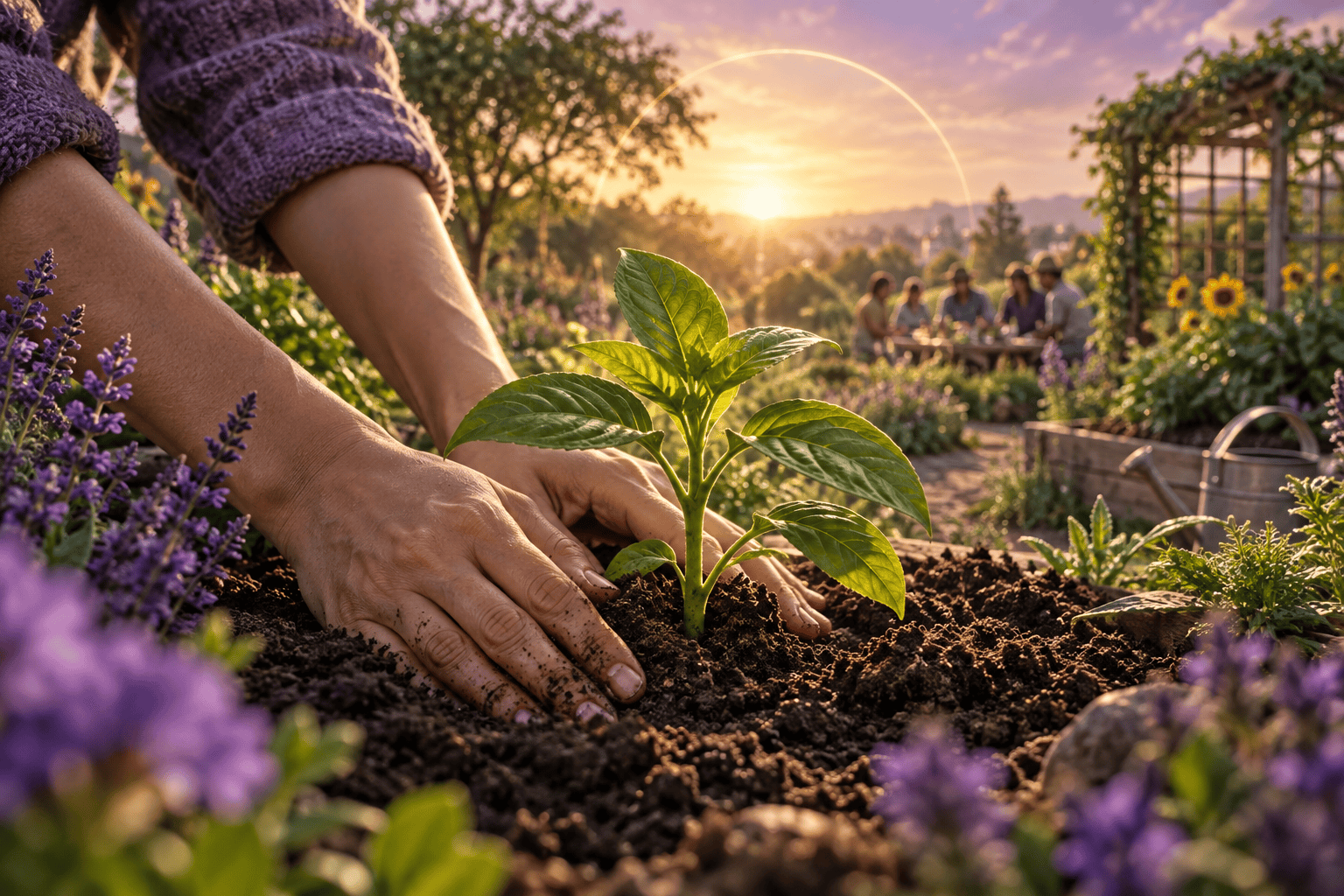 Hands tending a young plant in a community garden