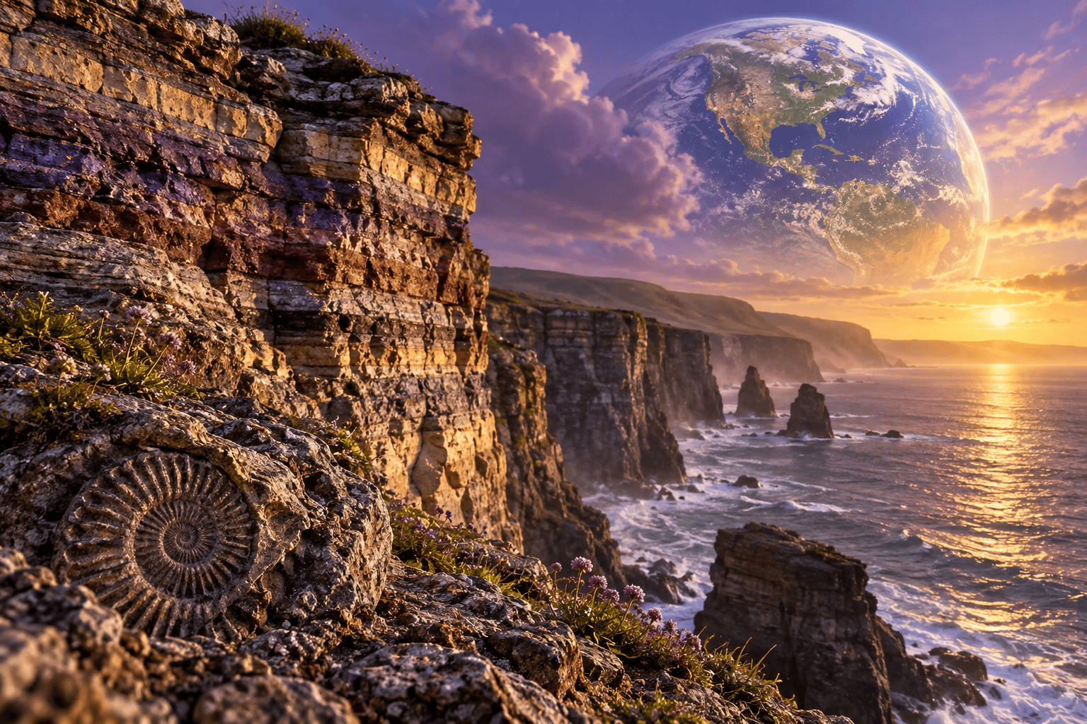 Layered coastal cliffs, an ammonite fossil, and a conceptual view of Earth