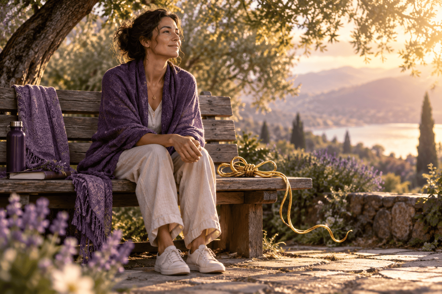A person resting on a bench beneath a sunlit tree