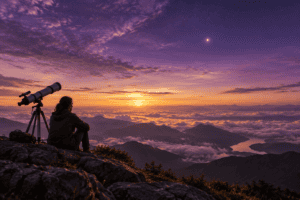 A person and telescope observing a point of light in a twilight sky