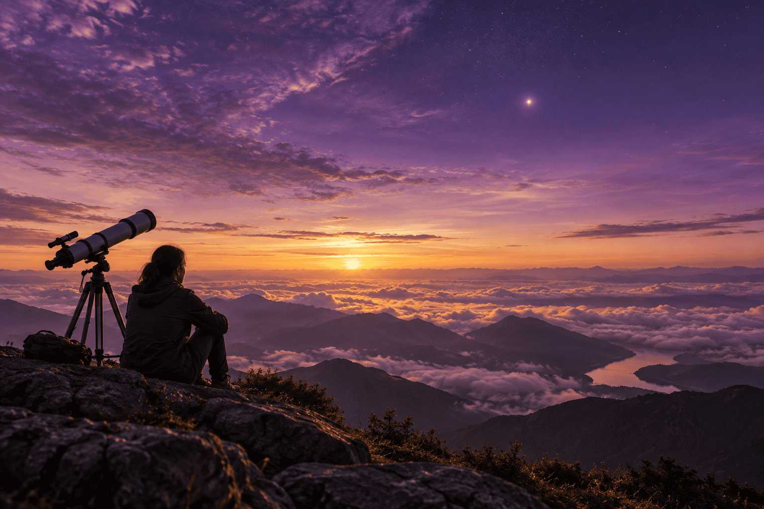 A person and telescope observing a point of light in a twilight sky