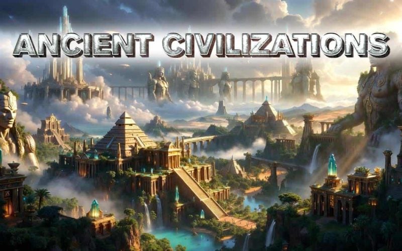 Futuristic ancient civilization scene with monumental architecture and mythological statues.