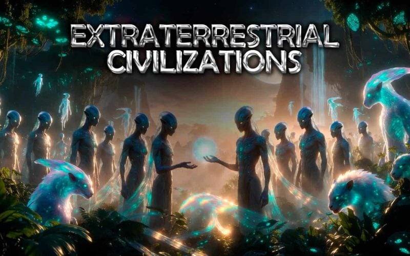 Depicts alien beings in a vibrant, luminous forest setting, exploring interstellar civilization concepts.